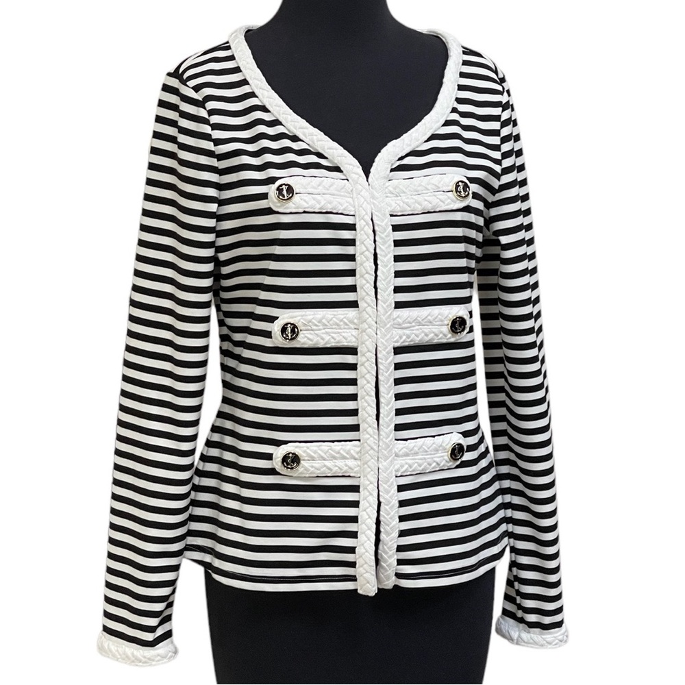 Katherine New York Black White Stripe Blazer Jacket Sz M Nautical Anchor Buttons